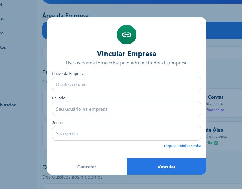 Tela Vincular Empresa com os campos Chave da Empresa, Usuário e Senha e o botão Vincular.